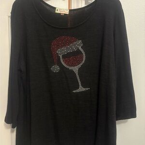Festive Black Long Sleeve Sweater with Red Wine Glass Design with Santa hat